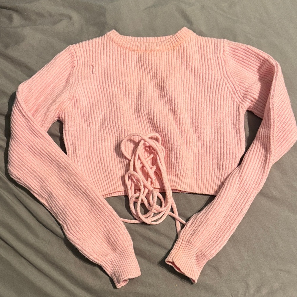 Pink Ribbed Knit Cropped Sweater